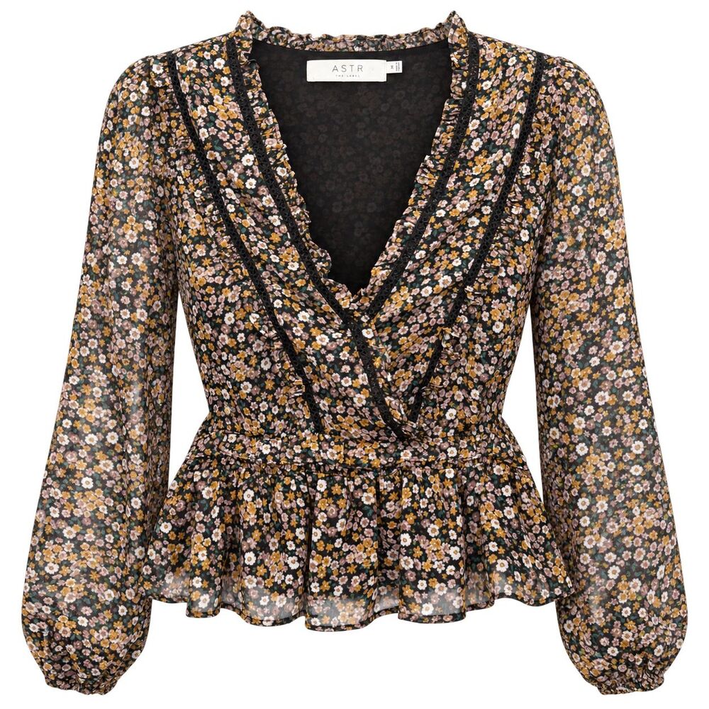 ASTR The Label Floral Peplum Top Sz M Mustard Black V Neck L/S Blouse Lace Trim